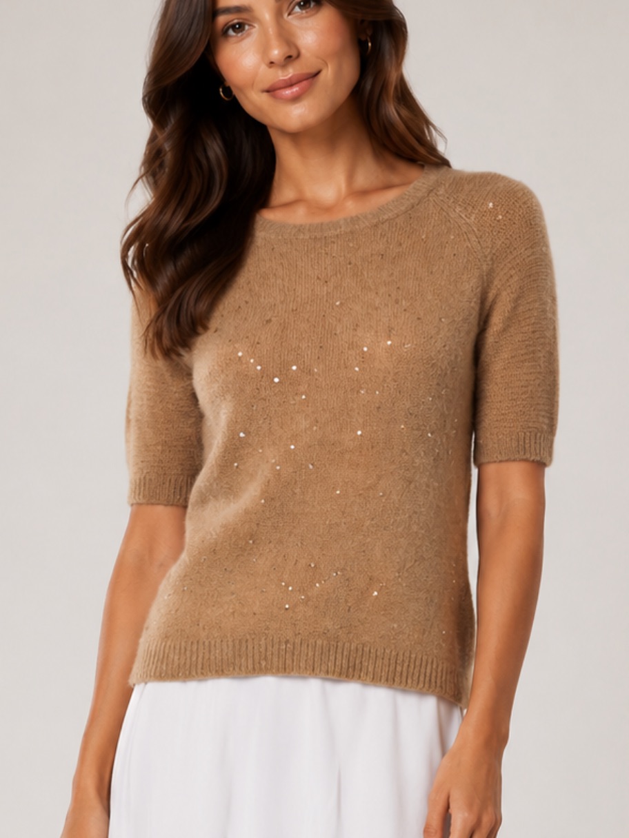Camel Short-Sleeve Sachmere Top With Subtle Embellishment